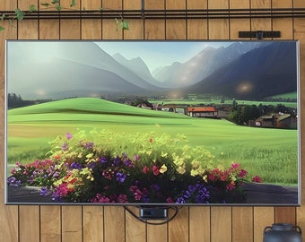 Artful Frame Art Tv, Paisaje alpino con flores primaverales, Campos verdes, Descarga instantánea de archivos, Regalo de montañés, Amante de las montañas salvajes pintadas