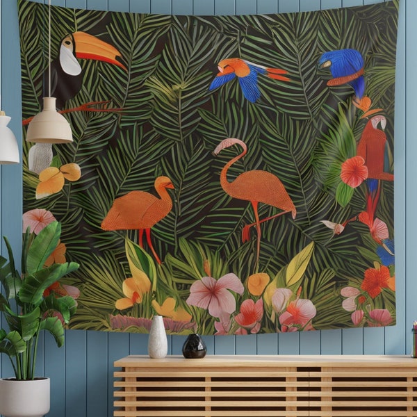 Enchanted Exotic Artful Birds Tropical Retreat,Exquisite Hanging Wall Tapestry Featuring Flamingos, Toucans,Floral Patterns,Gift Bird Lover