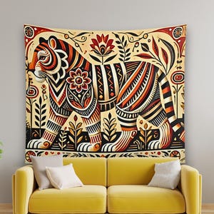 Ethnic Tiger Indoor Wall Tapestries,Folk Art Housewarming Gift,Wall Hangings,Boho Home Decor, Unique Wall Art,Wild Animal Lover,Living Room