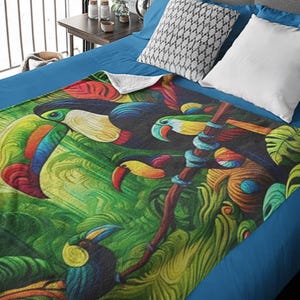 Velveteen Plush Blanket Exotic Toucan,Colorful Tropical Forest, Cozy Rainforest,Jungle Paradise Throw,Rainforest Wildlife Bedding