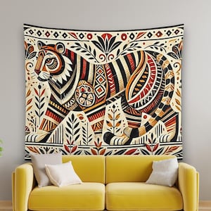 Ethnic Tiger Indoor Wall Tapestries, Artful Boho Housewarming Gift, Unique Home Decor, Wall Hanging Decoration, Animal Lover Tapestry