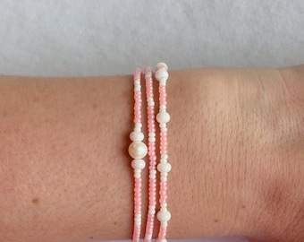 Pink & White Freshwater Pearl Tiny Bead Bracelet Set (Set of 3)