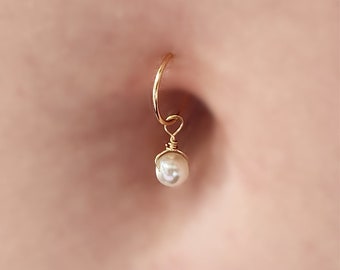 Dangle Pearl Gold Belly Ring Hoop, Elegant Navel Piercing Jewelry, Mermaid Wire Wrapped Belly Ring, Handmade Pearl Charm Belly Button Ring