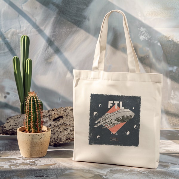 FTL, Faster Than Light Spaceship Cotton Canvas Tote Bag, Grocery Bag, Reusable Bag, Gift