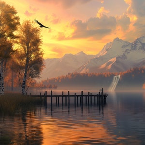 Mountain Lake Samsung Frame TV Art - Majestic Eagle Soaring at Sunset, Digital Scenic Landscape for Modern Home Decor