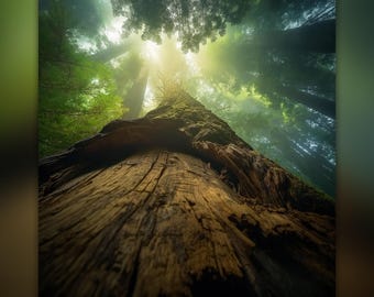 May include: A low-angle view of a massive, weathered tree trunk with deep, textured bark leading upward toward a canopy of green leaves and branches, with bright, diffused sunlight filtering through the dense forest foliage above.