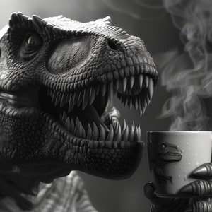 Puede incluir: Una imagen en blanco y negro de un dinosaurio Tyrannosaurus Rex sosteniendo una taza blanca con un diseño de dinosaurio. Sale vapor de la taza.