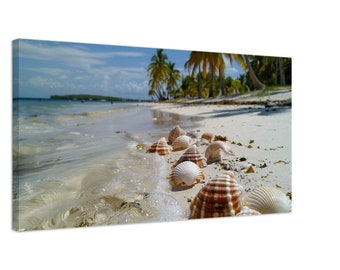 Impresión artística en lienzo con escena de playa y conchas: decoración de pared costera para el hogar