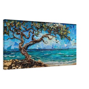 Divi Divi Compass&quot; Canvas Art - Aruba&#39;s Iconic Tree, Mixed Media Glass Mosaic, and Oil Canvas in various sizes and 2 thicknesses