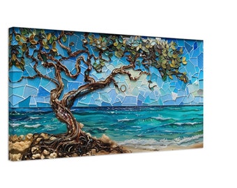Aruba Divi Divi Tree Canvas Art: Mixed Media Mosaic Seascape
