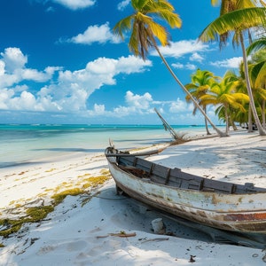 Coastal Charm Samsung Frame TV Art - Old Boat on Sunny Beach, Blue Skies & Palms