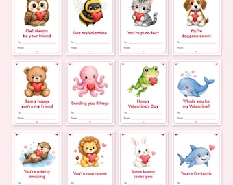 Classroom Valentine Cards for Kids, 30 Printable Animal Pun Valentines, To From Cards, School Valentine Exchange, Cute Watercolor Animals