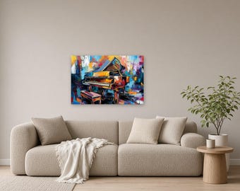 May include: A rectangular wall art print featuring a grand piano and bench rendered in a vibrant, multi-colored palette of yellow, orange, blue, and purple. The artwork uses bold, expressive brushstrokes to depict the instrument.