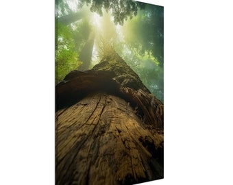 May include: A vertical canvas print of a towering redwood tree, viewed from the base looking upwards. The tree's textured, brown bark contrasts with the green foliage and sunlight filtering through the canopy. The image evokes a sense of awe and the majesty of nature.