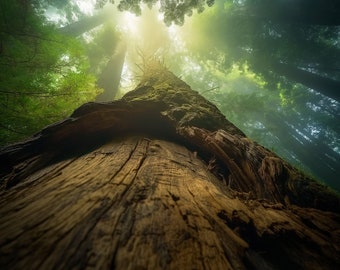 May include: A low angle view of a large tree trunk in a forest. The trunk is brown and textured, with a rough bark. The tree is surrounded by other trees, and the sunlight is shining through the leaves.