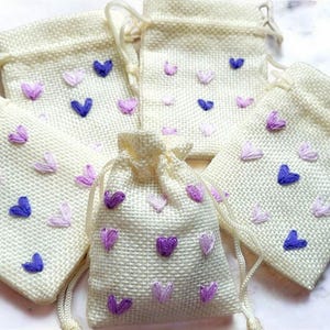 Hand Embroidered jute cloth Pouches, small drawstring bag for jewelry, small embroidered pouch, gift bags, Empty bag for lavender, lavender