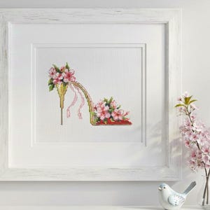 Handmade Cross Stitch Floral High Heel Shoe, Pink Flowers Needlework, Finished Embroidery Art, Cherry blossom, Apple blossom