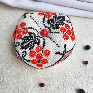 Red berry Biscornu Finished cross stitch,Pin cushion,Needle-Pin organizer,Pincushion,Embroidered pincushion,Pin Accessory,Sewing room decor image 6