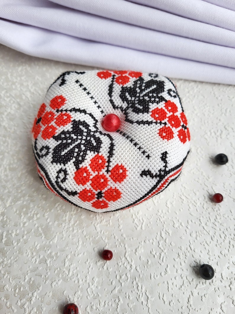 Red berry Biscornu Finished cross stitch,Pin cushion,Needle-Pin organizer,Pincushion,Embroidered pincushion,Pin Accessory,Sewing room decor image 6