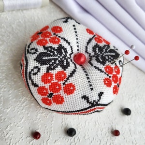 Red berry Biscornu Finished cross stitch,Pin cushion,Needle-Pin organizer,Pincushion,Embroidered pincushion,Pin Accessory,Sewing room decor image 5