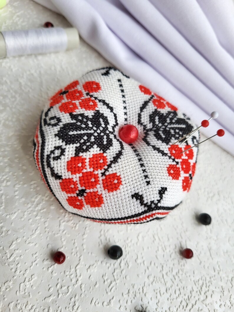 Red berry Biscornu Finished cross stitch,Pin cushion,Needle-Pin organizer,Pincushion,Embroidered pincushion,Pin Accessory,Sewing room decor image 5