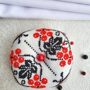 Red berry Biscornu Finished cross stitch,Pin cushion,Needle-Pin organizer,Pincushion,Embroidered pincushion,Pin Accessory,Sewing room decor image 3