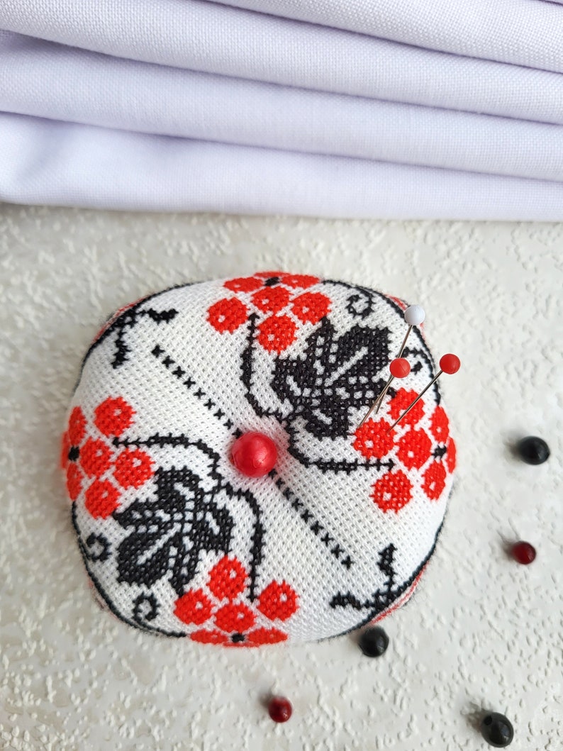 Red berry Biscornu Finished cross stitch,Pin cushion,Needle-Pin organizer,Pincushion,Embroidered pincushion,Pin Accessory,Sewing room decor image 3