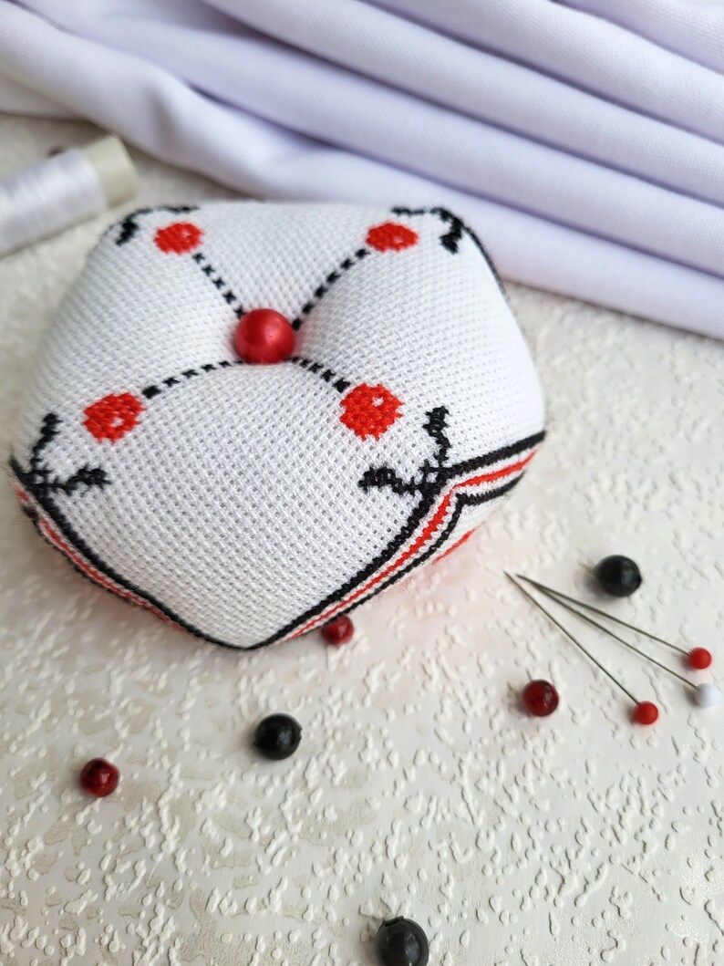 Red berry Biscornu Finished cross stitch,Pin cushion,Needle-Pin organizer,Pincushion,Embroidered pincushion,Pin Accessory,Sewing room decor image 8