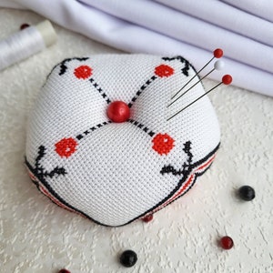 Red berry Biscornu Finished cross stitch,Pin cushion,Needle-Pin organizer,Pincushion,Embroidered pincushion,Pin Accessory,Sewing room decor image 10