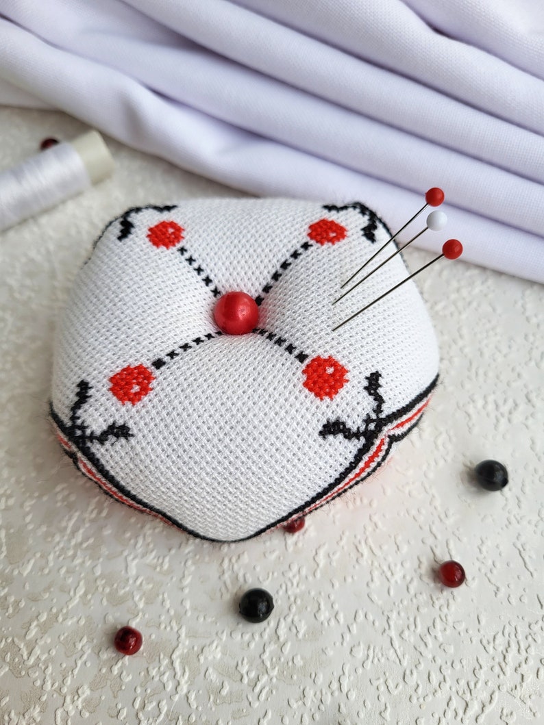 Red berry Biscornu Finished cross stitch,Pin cushion,Needle-Pin organizer,Pincushion,Embroidered pincushion,Pin Accessory,Sewing room decor image 10