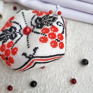 Red berry Biscornu Finished cross stitch,Pin cushion,Needle-Pin organizer,Pincushion,Embroidered pincushion,Pin Accessory,Sewing room decor image 9