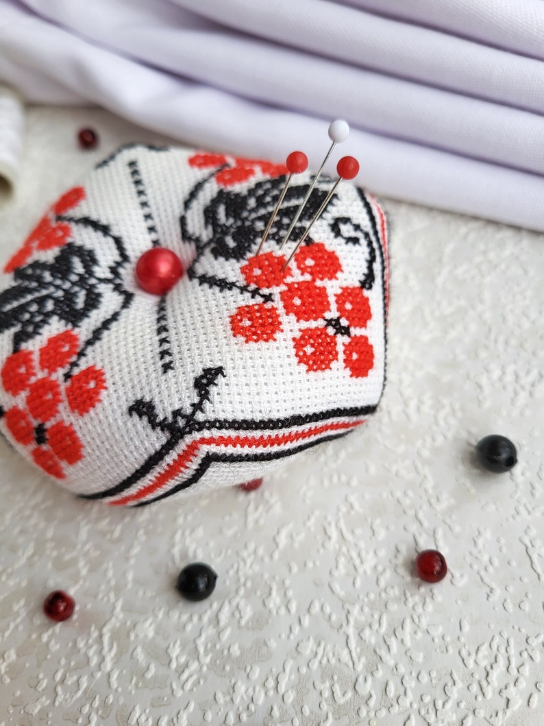 Red berry Biscornu Finished cross stitch,Pin cushion,Needle-Pin organizer,Pincushion,Embroidered pincushion,Pin Accessory,Sewing room decor image 9