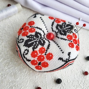 Red berry Biscornu Finished cross stitch,Pin cushion,Needle-Pin organizer,Pincushion,Embroidered pincushion,Pin Accessory,Sewing room decor image 4