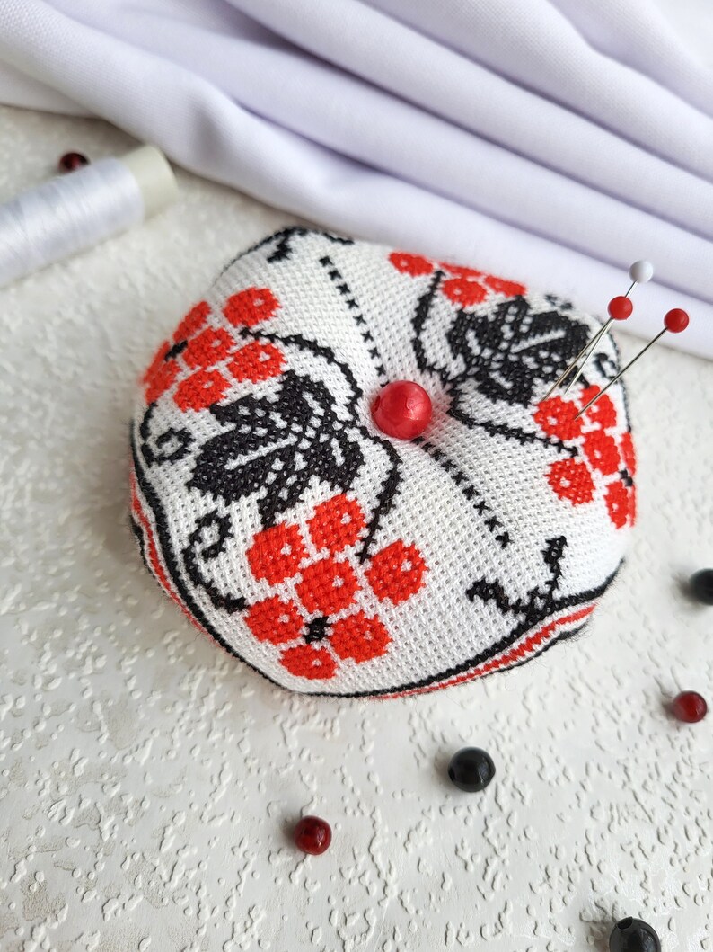 Red berry Biscornu Finished cross stitch,Pin cushion,Needle-Pin organizer,Pincushion,Embroidered pincushion,Pin Accessory,Sewing room decor image 4