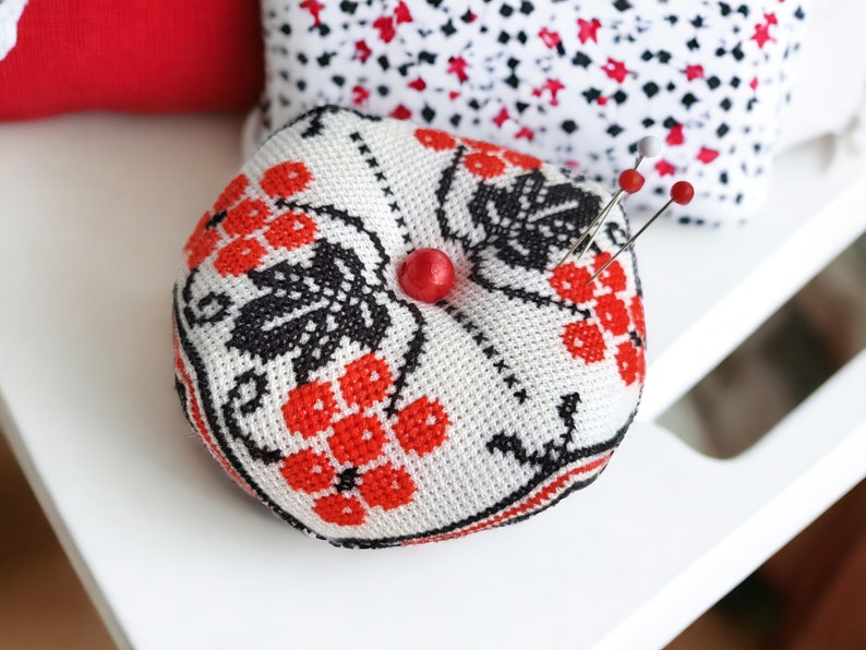 Red berry Biscornu Finished cross stitch,Pin cushion,Needle-Pin organizer,Pincushion,Embroidered pincushion,Pin Accessory,Sewing room decor image 1