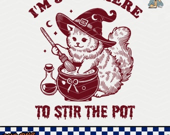 Funny Retro Halloween Cat Stirring Pot SVG PNG (Digital Download)