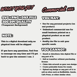 May include: Image detailing digital download information. Text includes "WHAT YOU GET" and file specifications: "SVG+PNG+DXF FILE 300 DPI QUALITY (Transparent Background)". Also lists "Commercial use" terms, specifying permitted and prohibited uses.