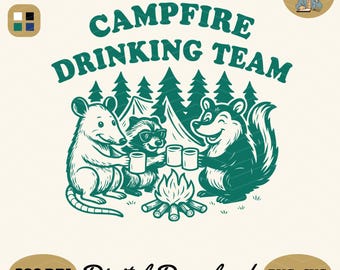 Equipo de Bebiendo en la Fogata PNG SVG: Diseño Divertido de Mapache (Descarga Digital)