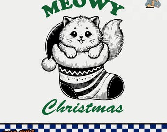 Meowy Christmas Cat SVG PNG, Funny Retro Christmas Design (Digital Download)