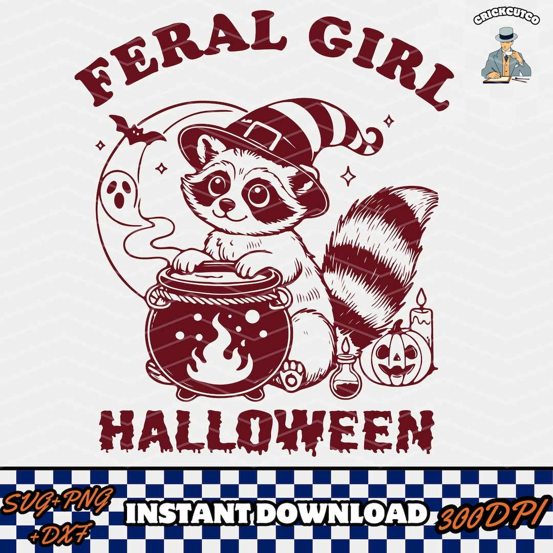 Feral Girl Halloween PNG SVG Files, Funny Retro Raccoon Halloween ...