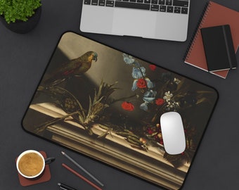 Desk Mat; Still Life with Artichokes and a Parrot, artist unknown; perfect for home office, work, computer, mouse, keyboard pad