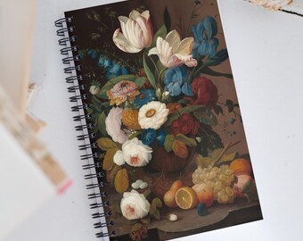 Still Life, Flowers, and Fruits, Severin Roesen; Dotted spiral notebook, aesthetic notebook, therapy journal, bullet journal
