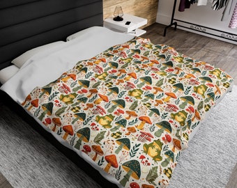 Frogs and Mushrooms; Velveteen Plush Blanket, cottagecore cute blanket, swaddle blanket, cozy gift