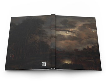 May include: A painting depicting a moonlit landscape with a river, trees, and a village in the distance. The sky is filled with clouds, and the moon is shining brightly. The painting is done in a dark and moody style, with a sense of mystery and intrigue.