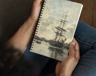 Ship on the Touques, Eugene Boudin; Dotted Notebook, spiralbound, bullet journal, therapy notebook, mood journal, recipes, travel
