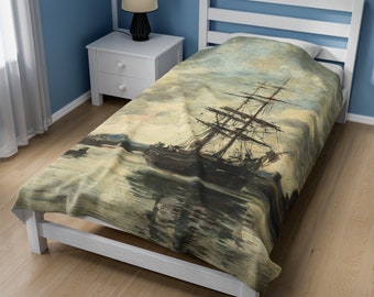 Ship on the Touques, Eugene Boudin; Velveteen Plush Blanket, swaddle blanket, cozy snuggle blanket gift for artist, loved ones