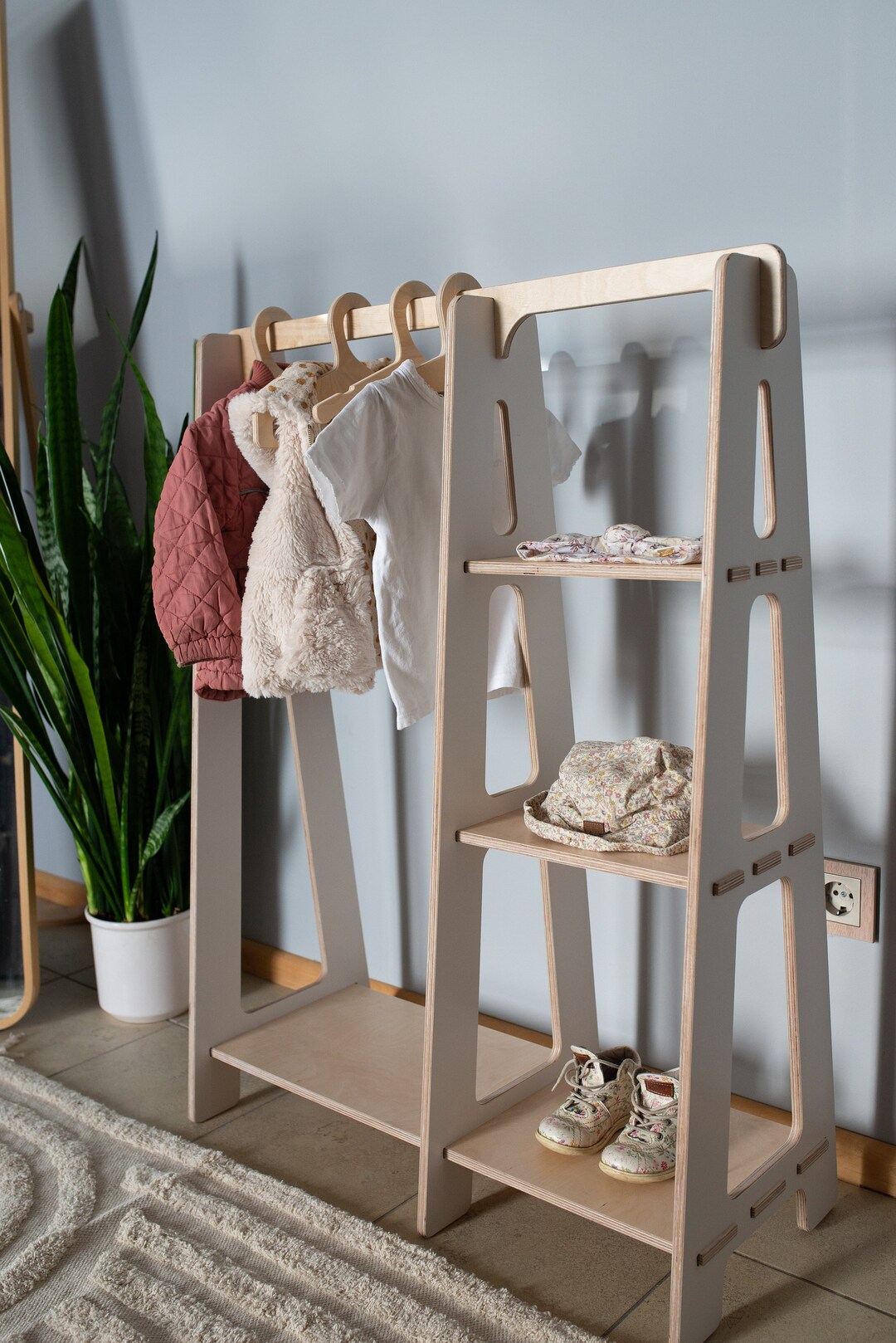 KIDS CLOTHING RACK Type A With Shelves, Wood Clothes Rack, Montessori ...
