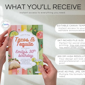Pu&ograve; includere: Un invito colorato per una festa di compleanno a tema "Tacos & Tequila". L'invito presenta illustrazioni ad acquerello di tacos, margarita e agrumi. Il testo recita "Unisciti a noi per Tacos & Tequila per festeggiare il 30&deg; compleanno di Emily."