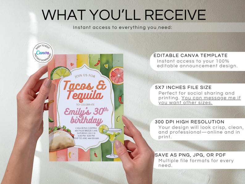 Pu&ograve; includere: Un invito colorato per una festa di compleanno a tema "Tacos & Tequila". L'invito presenta illustrazioni ad acquerello di tacos, margarita e agrumi. Il testo recita "Unisciti a noi per Tacos & Tequila per festeggiare il 30&deg; compleanno di Emily."