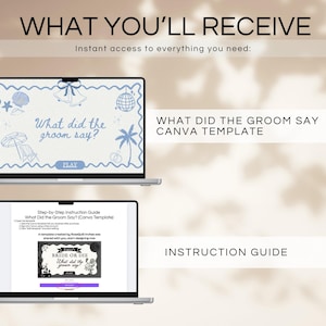 May include: Two laptops displaying a wedding-themed Canva template and an instruction guide. The top laptop shows a blue design with the text "What did the groom say?" and beach-themed illustrations. The bottom laptop displays a "Bride or Die" template.